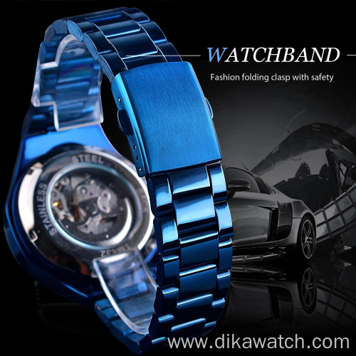 Winner New Fashion Automatic Mens Watches Luxury Mechanical Wristwatches Hollow Watch With Stainless Steel Blue Design watch